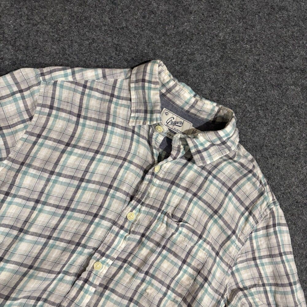 Grayers Linen Button Shirt Size Large Short Sleeve Plaid